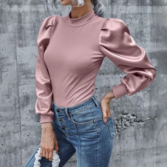 Modern Classic  Mock Neck Satin Gigot Sleeve Rib-k - Picture 4 of 4